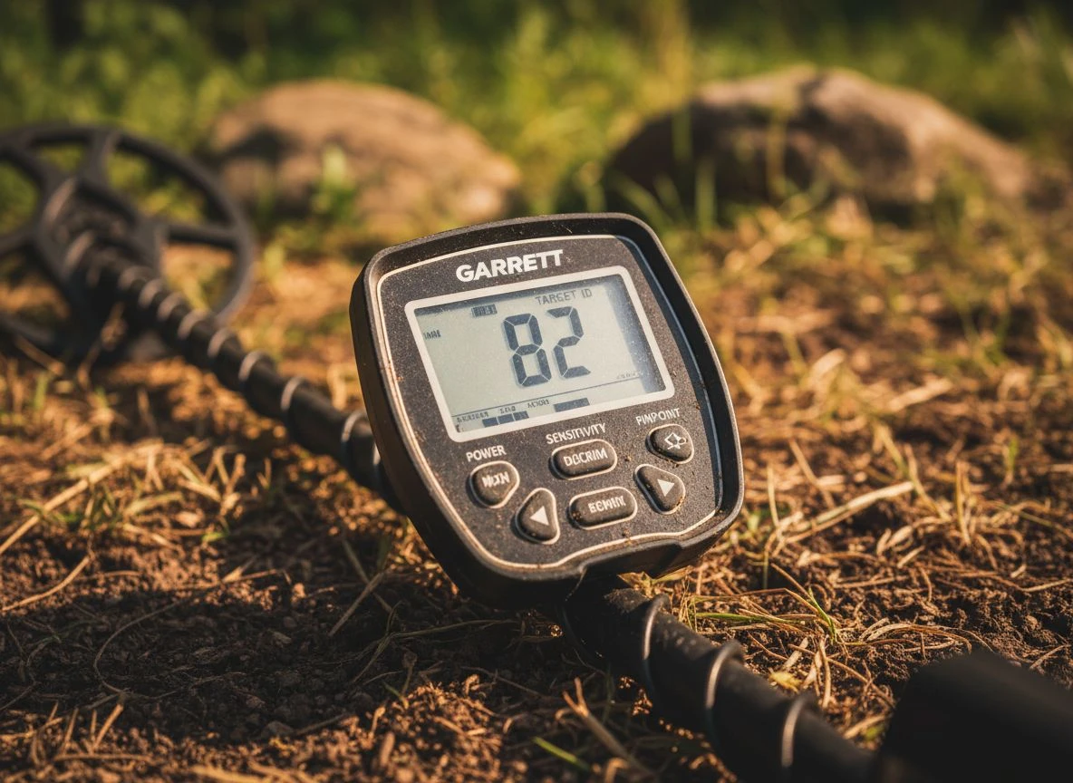 Close-up of a metal detector's control panel in the field showing a VDI number 82 on its screen.