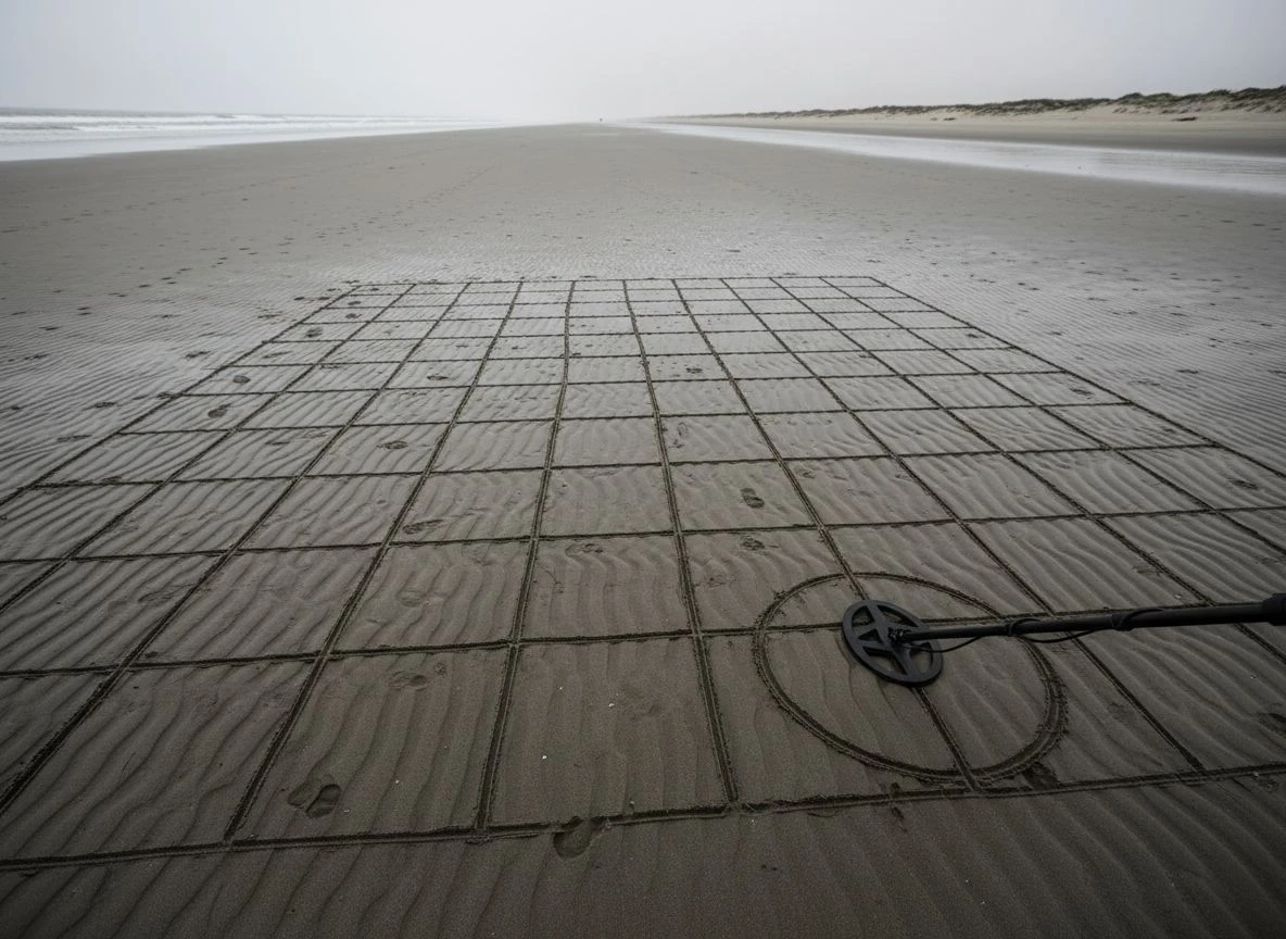 Overhead view of a precise grid search pattern in the wet sand of a beach.