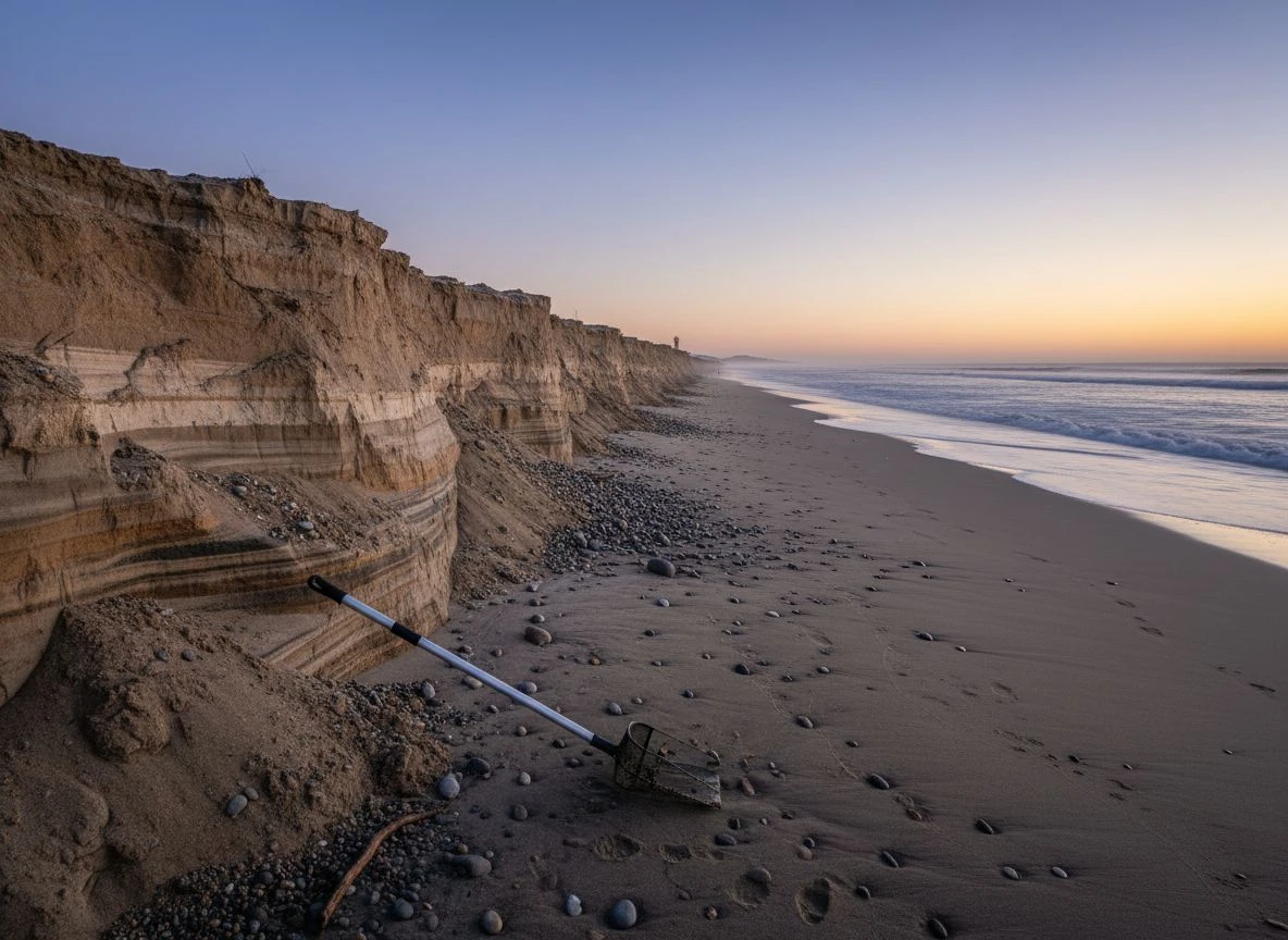 A dramatic, eroded sand cut on a California beach after a storm at dawn.