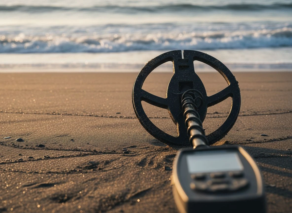 Close-up of a multi-frequency detector coil over mineralized wet sand on a beach.