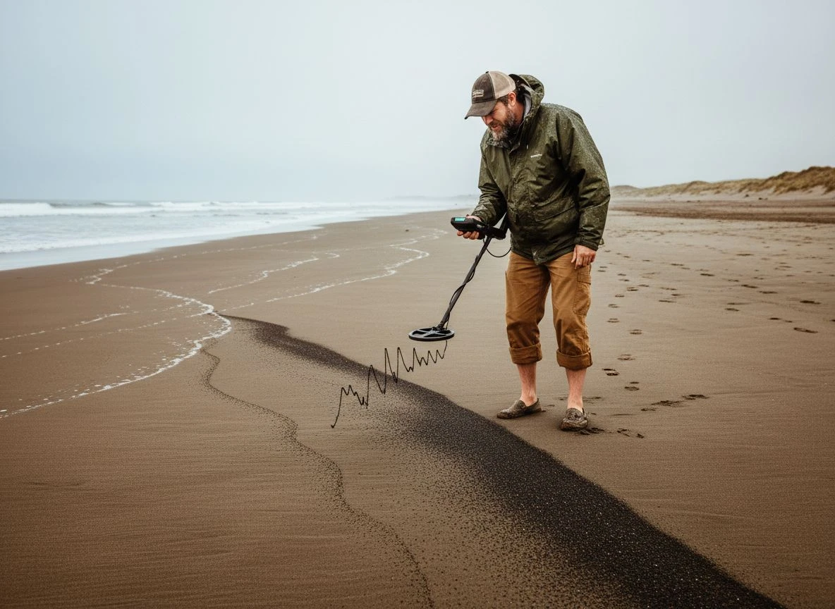 A metal detectorist on a California beach looking confused as his detector gives a false signal over black sand.