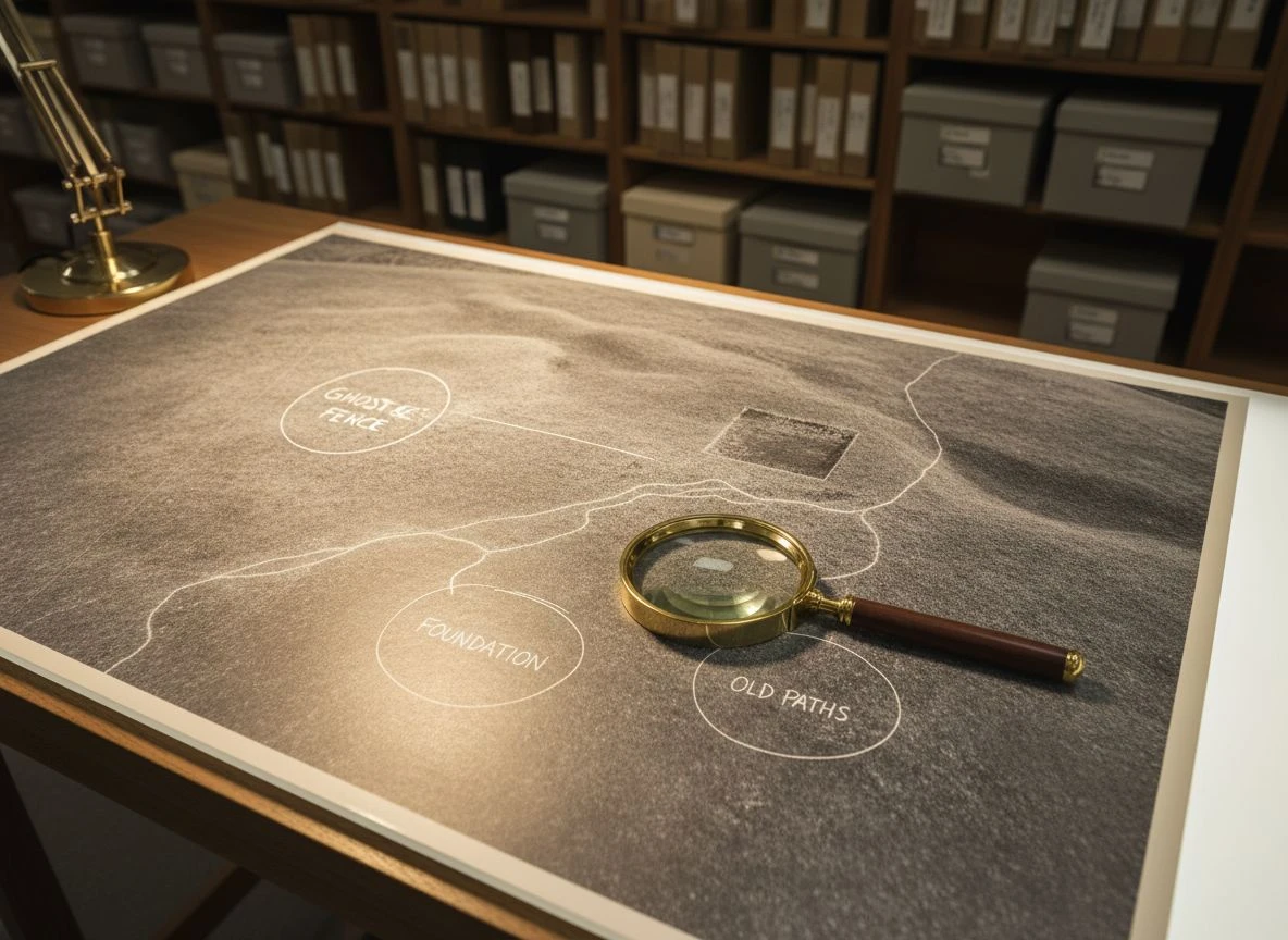 An annotated historical aerial photo revealing hidden fences, foundations, and paths in a field.