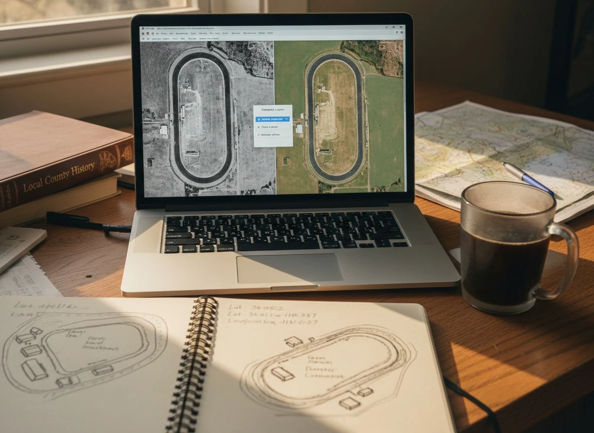 Close-up of a laptop using a GIS portal to compare historical and modern aerial photos of a site.