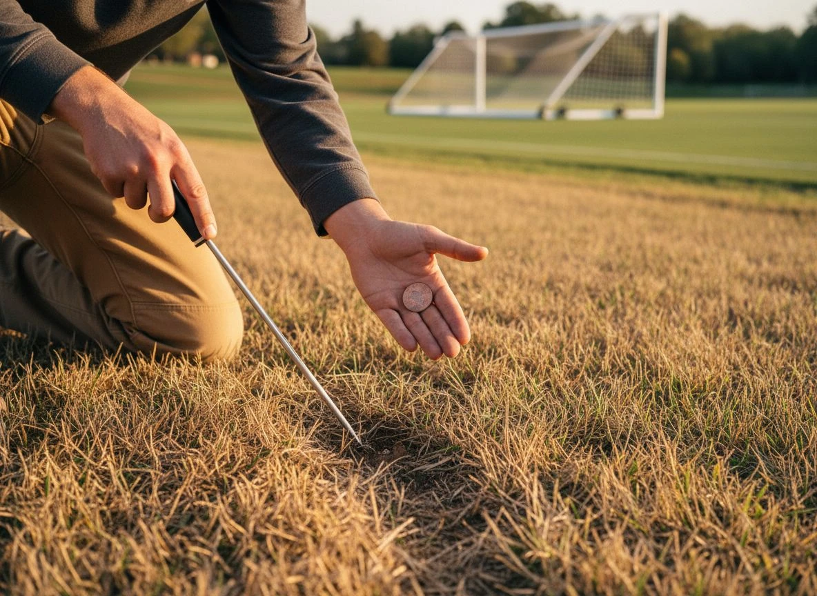 A detectorist kneeling in a field, finding a coin on a faint grass line revealed by aerial photos.
