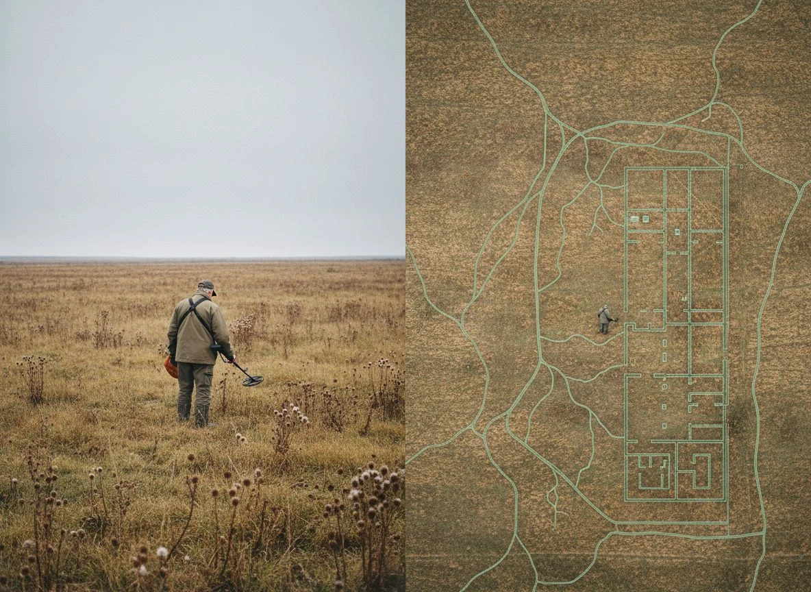 Split image showing a detectorist in a field versus an aerial view revealing hidden foundations below.