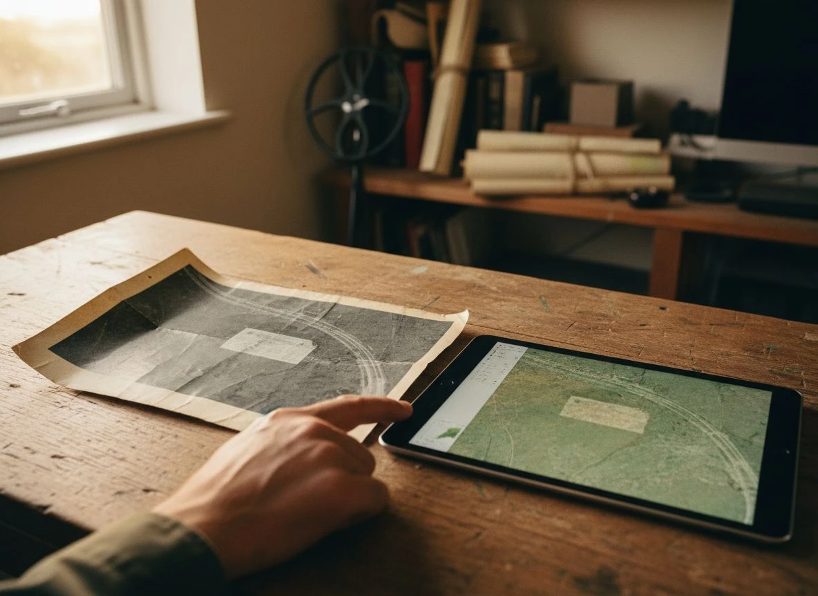 An old aerial photo next to a modern satellite tablet, with a hand pointing out a hidden historical site outline.