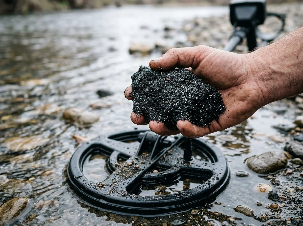 Hand holding a clump of wet black sand above a metal detector coil on a riverbank