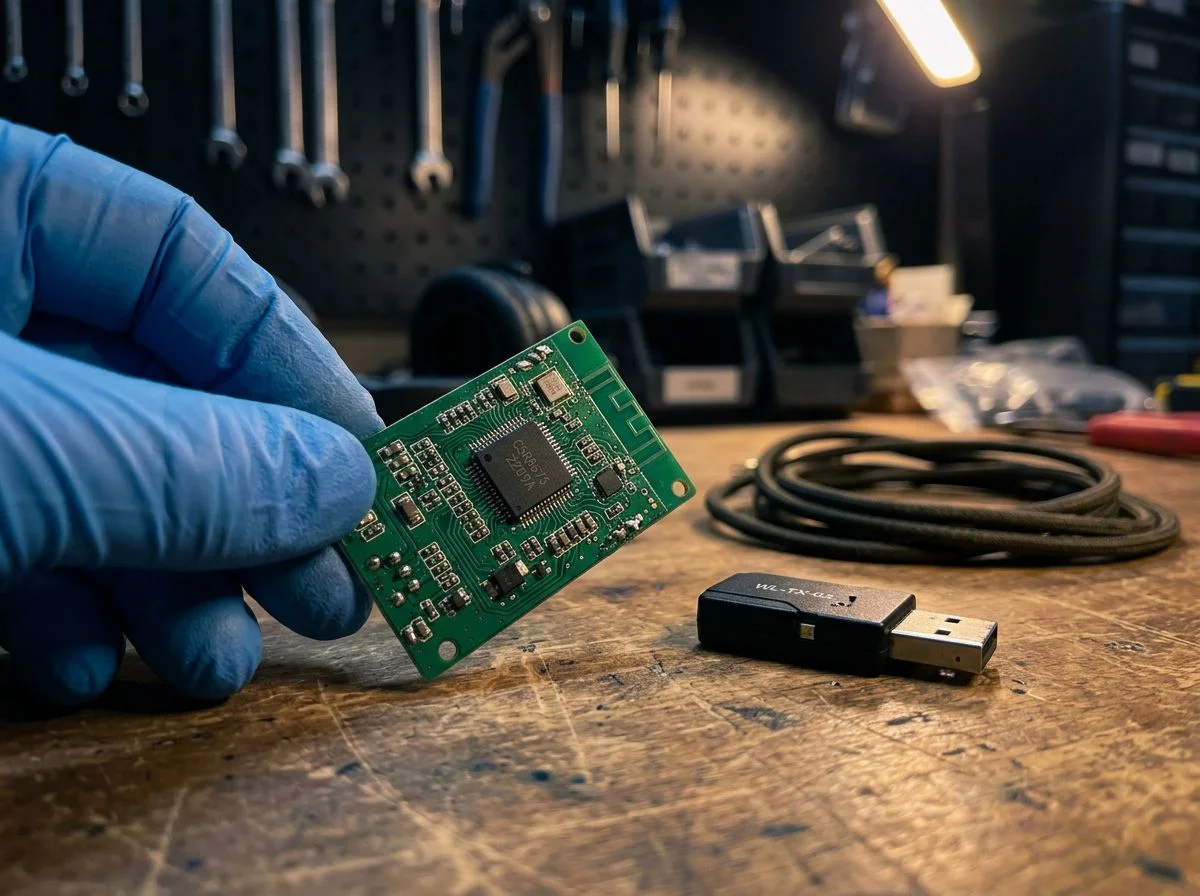 Close-up of a Bluetooth chip on a headphone circuit board next to a low-latency transmitter dongle