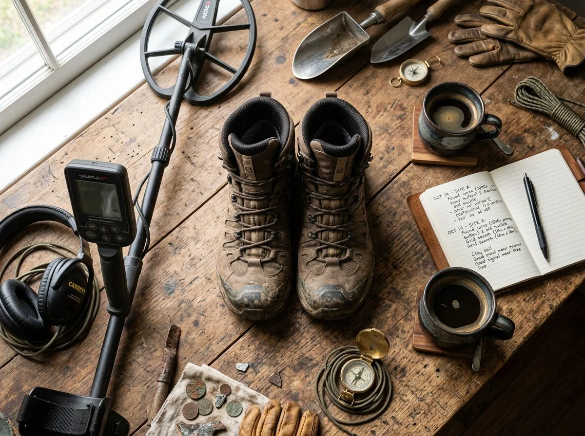 Waterproof hiking boots on a workbench with metal detecting gear and notes.