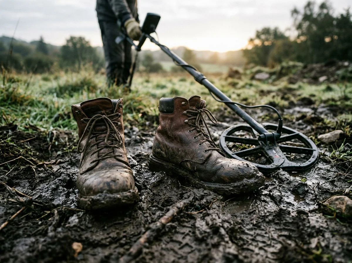 Worn leather boots standing in wet mud beside a metal detector coil.