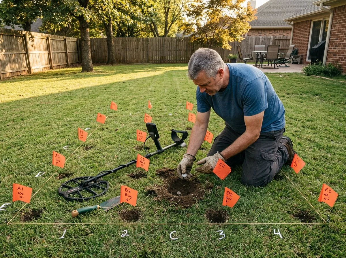 Overhead view of a man kneeling on a lawn, placing a coin into a marked hole in a metal detecting test garden with orange flags