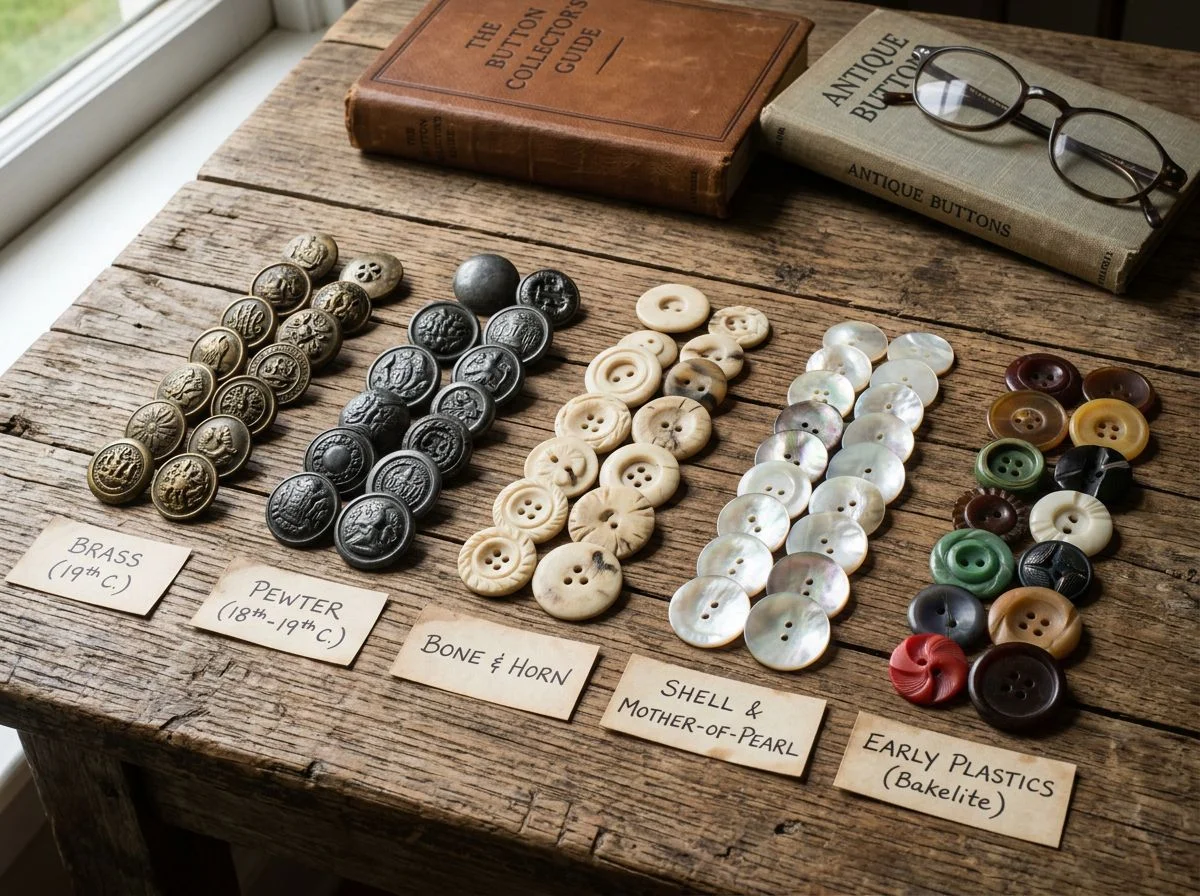 Antique buttons sorted by material on a wooden table with handwritten labels
