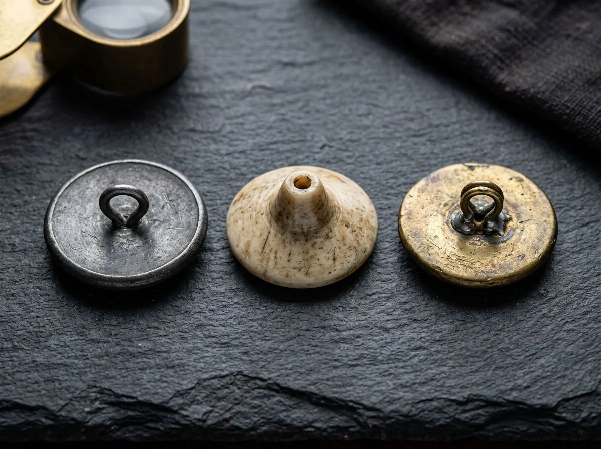 Three antique buttons with different shank styles arranged on a dark slate surface