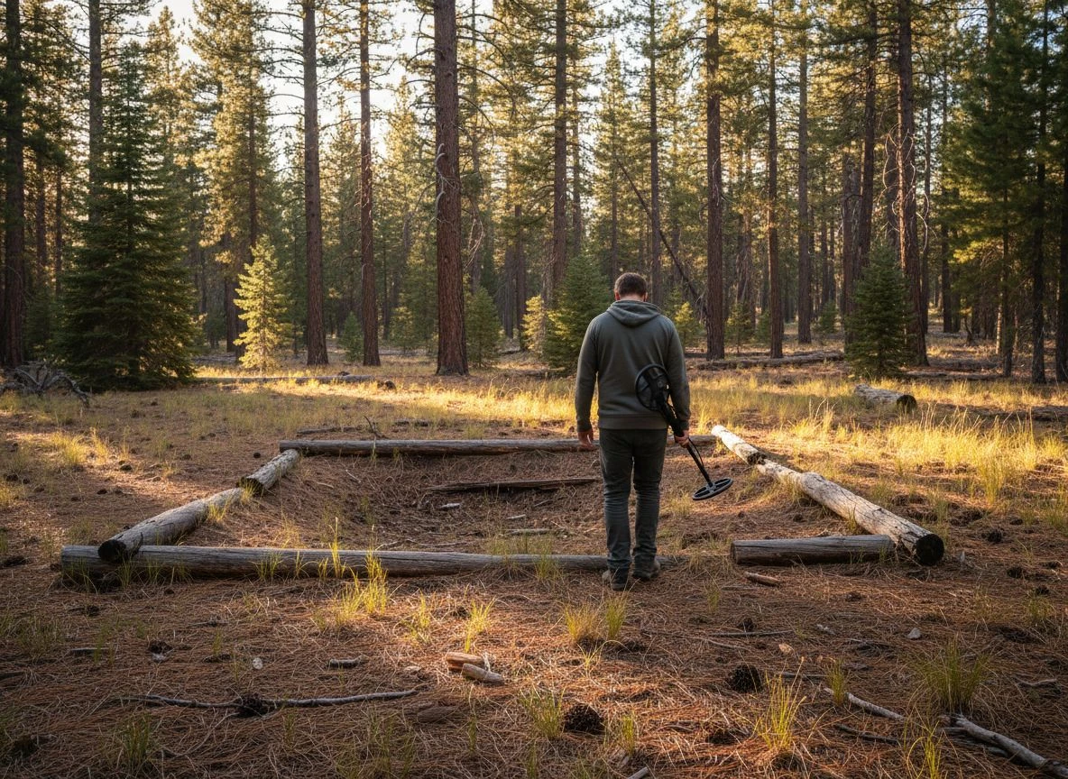 A detectorist walks away from the remains of an old cabin site in a pine forest, demonstrating responsible site preservation.