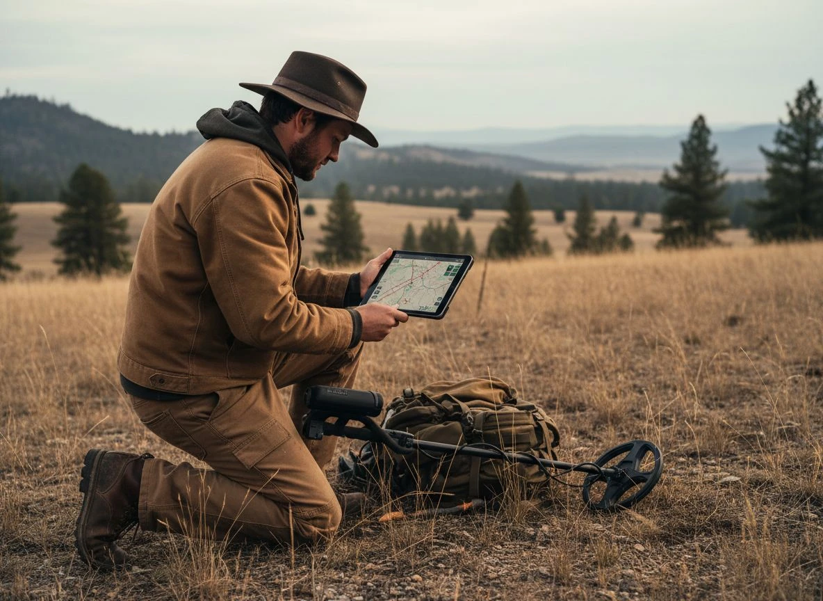 A metal detectorist uses a tablet with GPS and historical maps to scout a location in the California foothills.