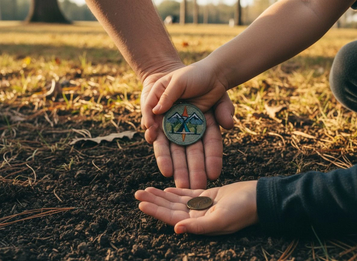 A father and daughter's hands holding a modern scout badge and an old wheat penny in a sunlit picnic grove.