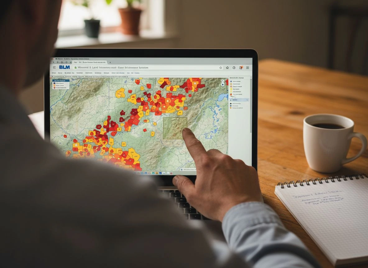 Close-up of a laptop screen showing the BLM MLRS map with active mining claims highlighted, a hand points to a clear area.