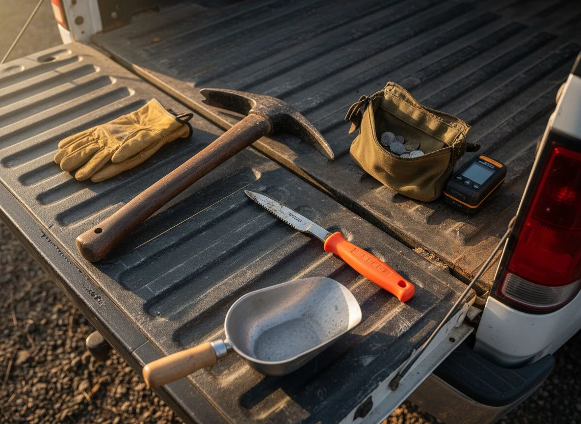 Overhead view of metal detecting gear including a pick, digger, scoop, and GPS laid out on a truck tailgate.