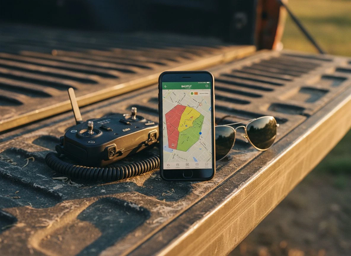 Smartphone showing B4UFLY app on a wooden tailgate with drone remote