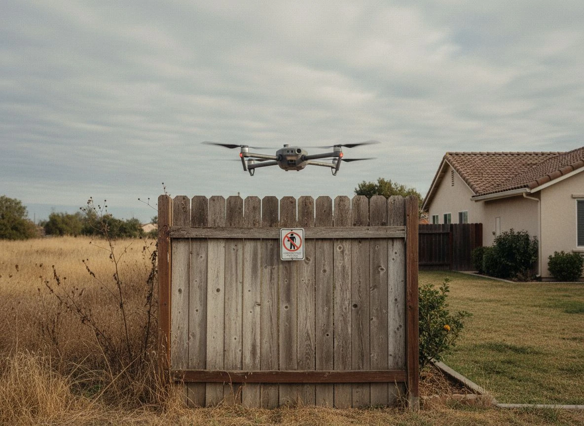 Drone hovering near a property boundary fence with a no trespassing sign
