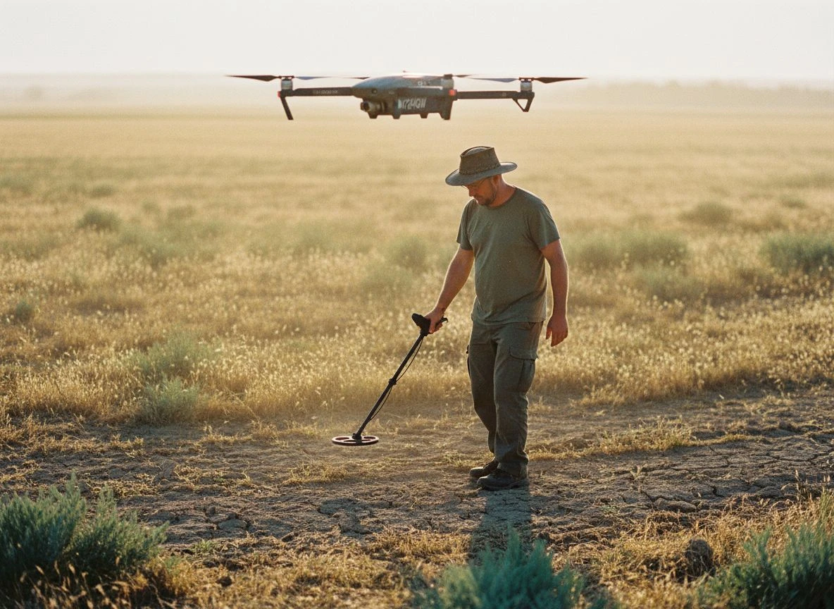 Drone flying above a field while a metal detectorist searches below at golden hour