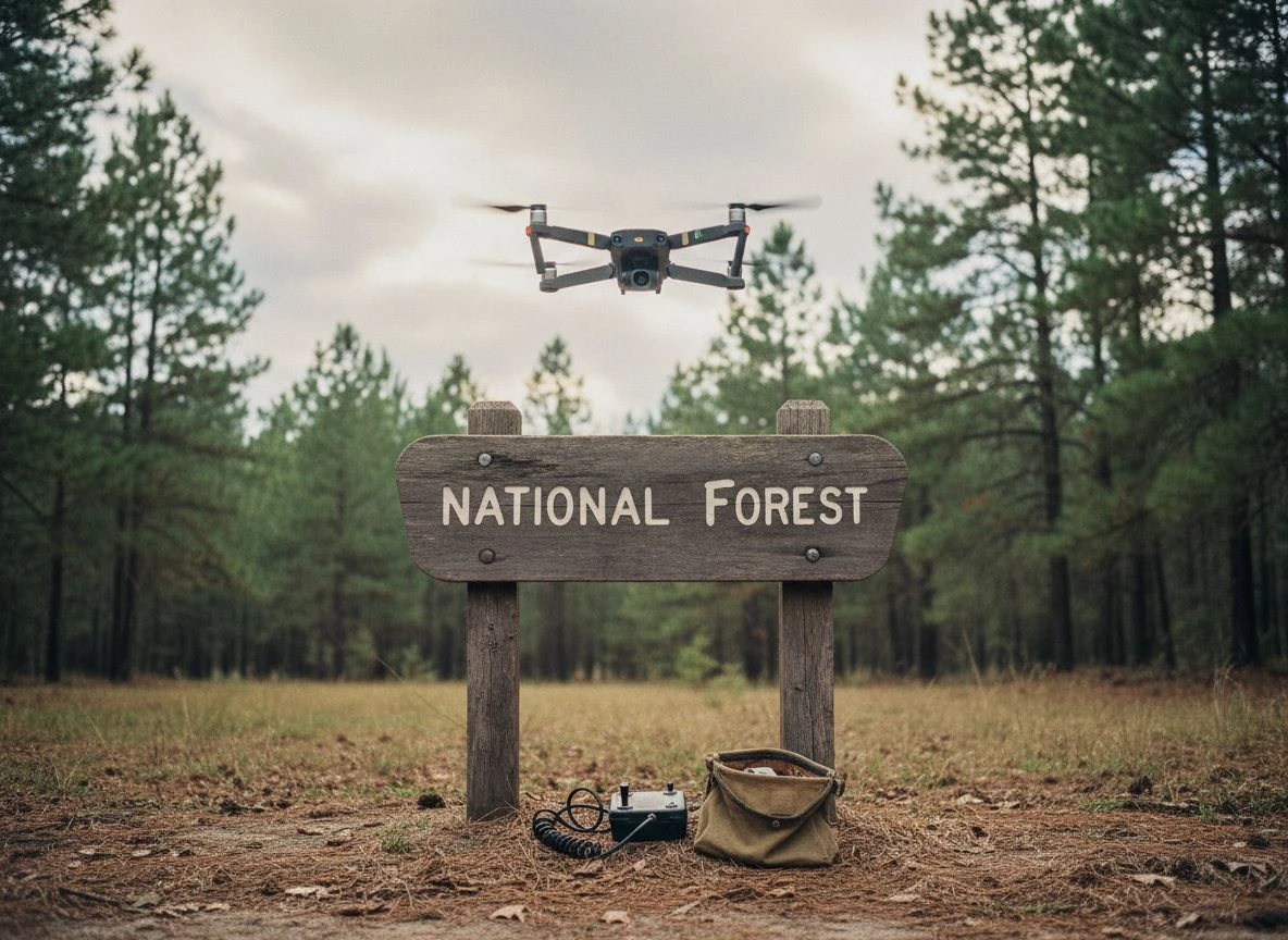 Drone hovering above a National Forest sign with metal detecting gear on the ground