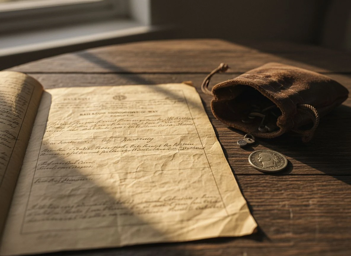 Opened 1912 lease document with a seated liberty dime and finds pouch on a wooden table