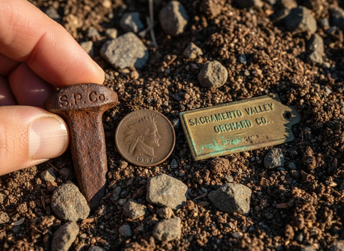 Hand holding a rusted railroad spike stamped S.P. Co. and an 1907 Indian Head penny on soil with ballast rock