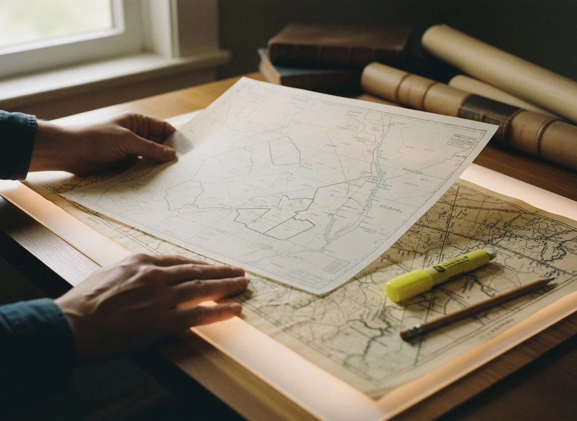 Hands overlaying tracing paper on plat book and rail map to locate a forgotten siding
