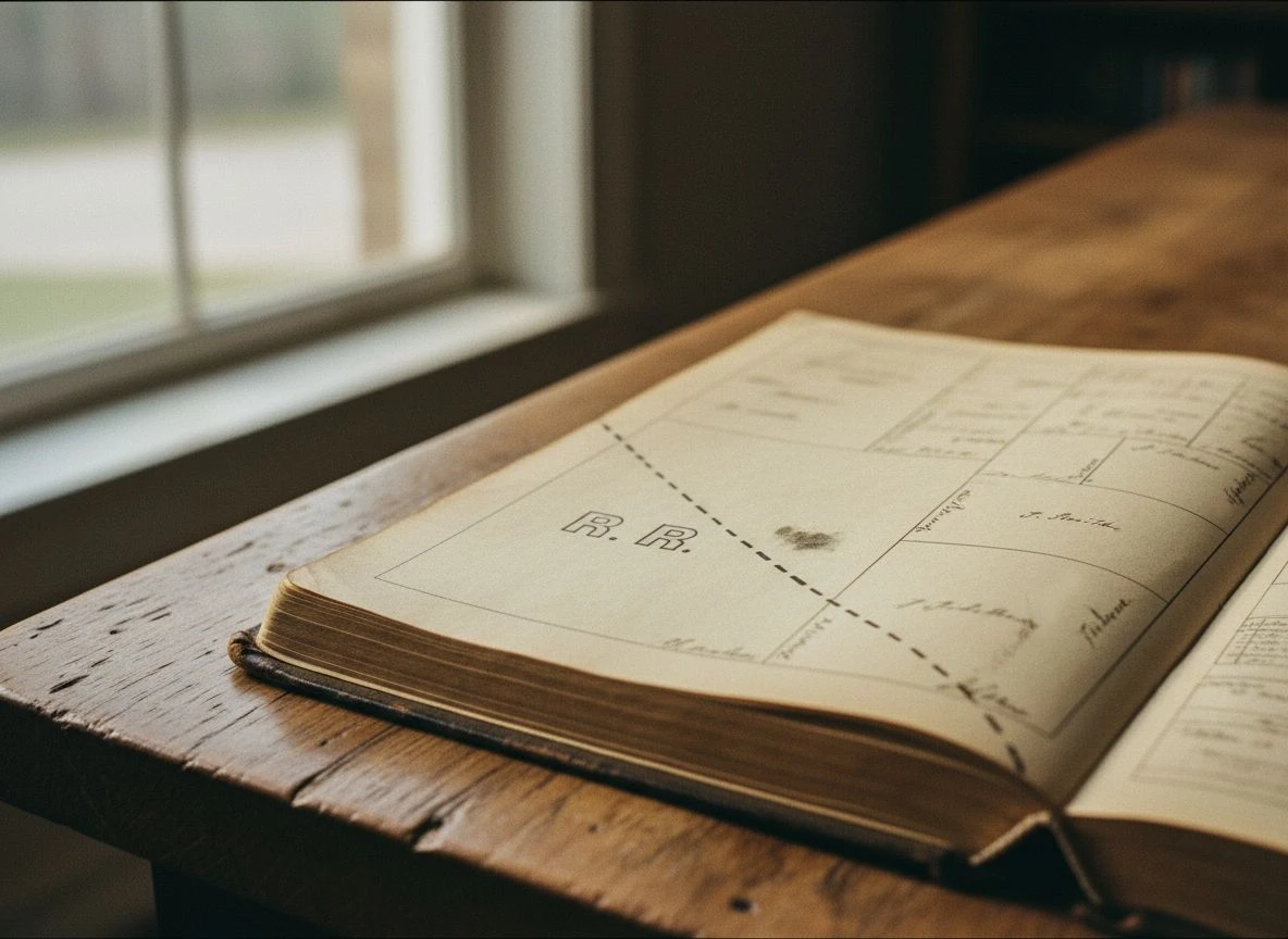 Close-up of a historical plat book showing a dashed line representing a forgotten railroad siding easement