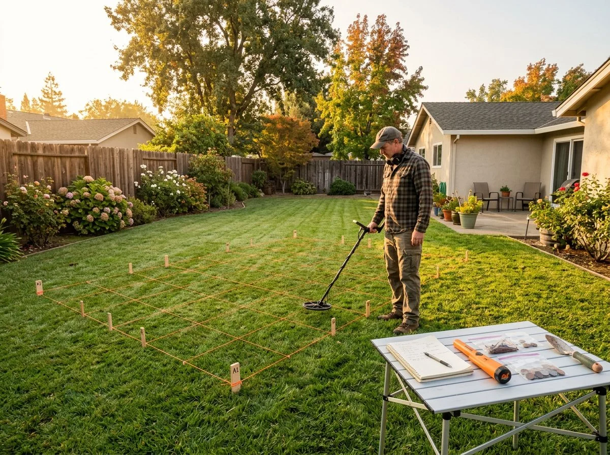 A man stands beside a cordoned-off grid in his backyard, holding a metal detector, preparing a test garden in morning light