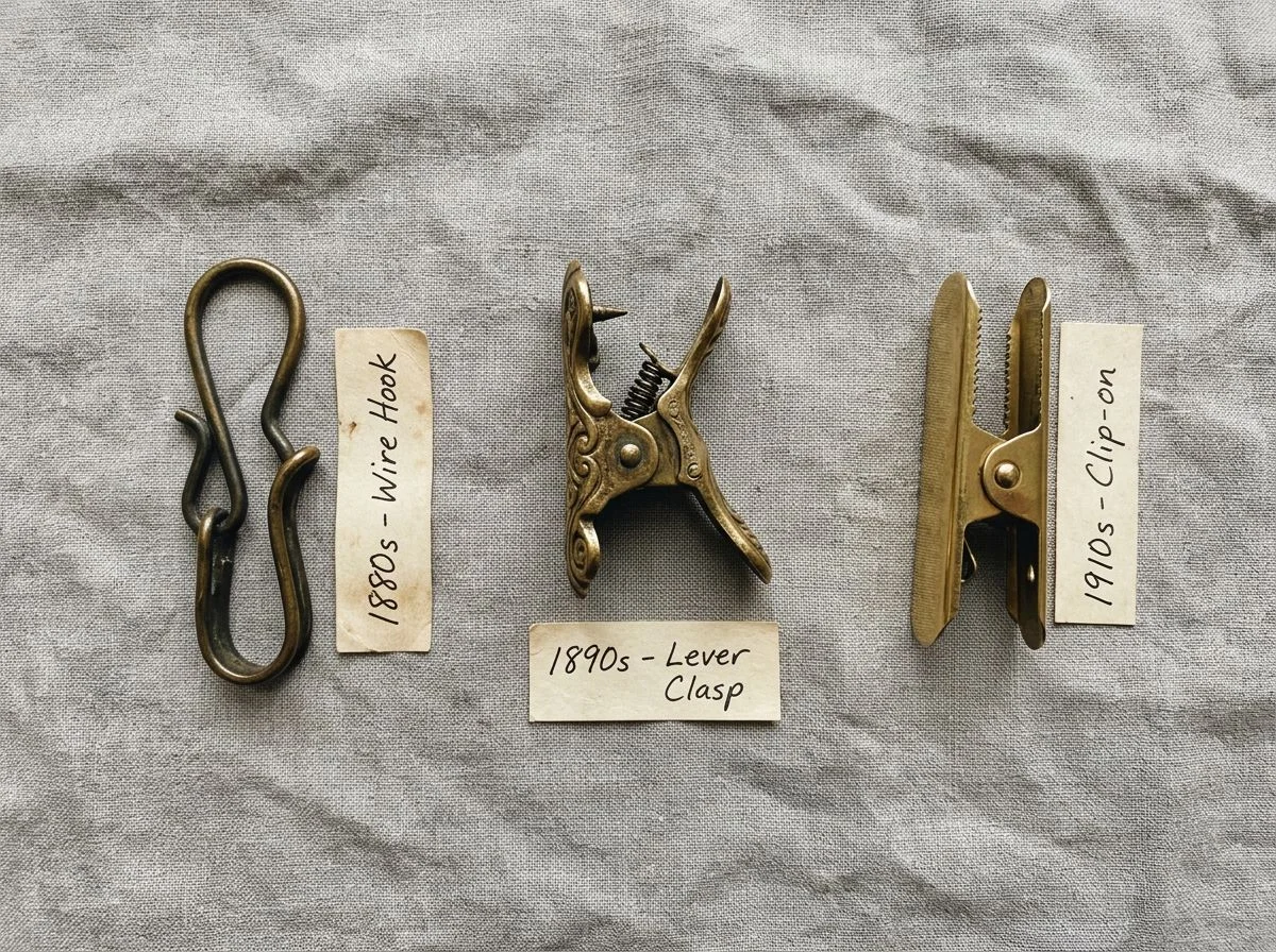 Three antique suspender clasps from different decades arranged side by side on gray linen with handwritten decade labels