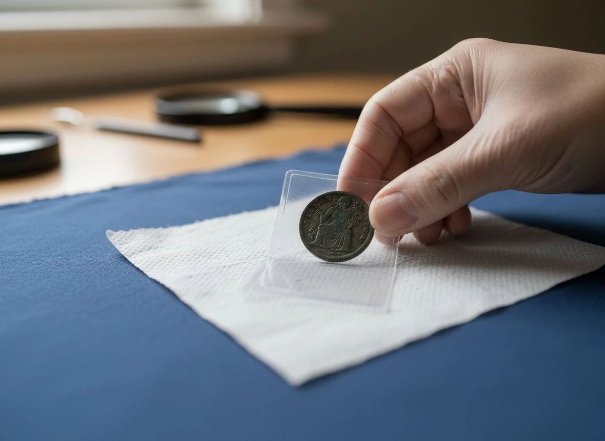 Close-up of hands using archival materials to safely store a tarnished old coin.