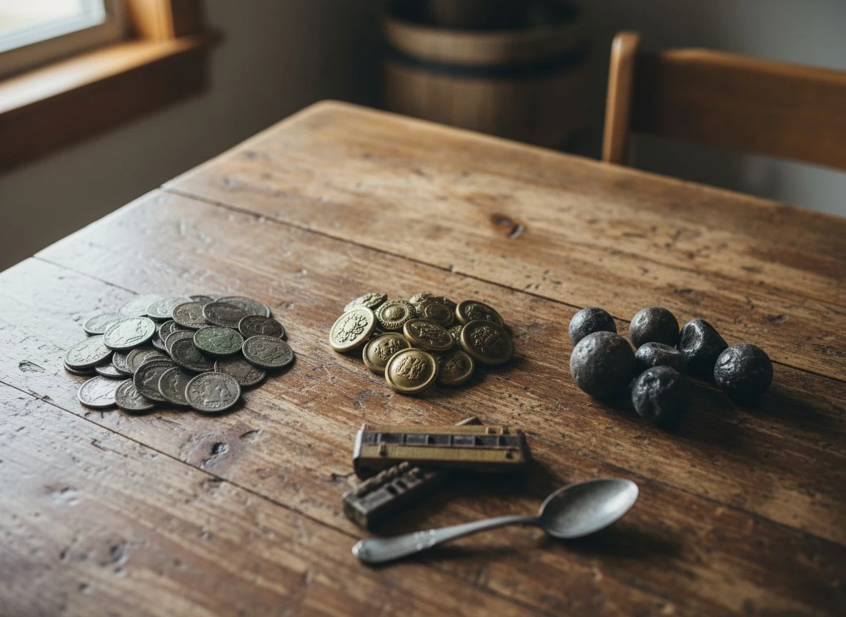 A curated layout of metal detecting finds sorted into piles of coins, buttons, and relics on a wooden table.