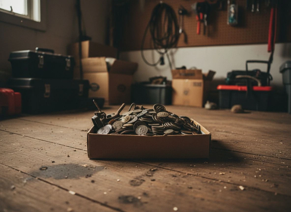 A shoebox filled with unsorted metal detecting relics like coins and buttons, sitting on a dusty garage floor.