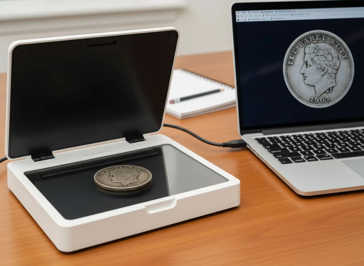 A flatbed scanner digitizing an old coin, with a laptop displaying the high-resolution image.