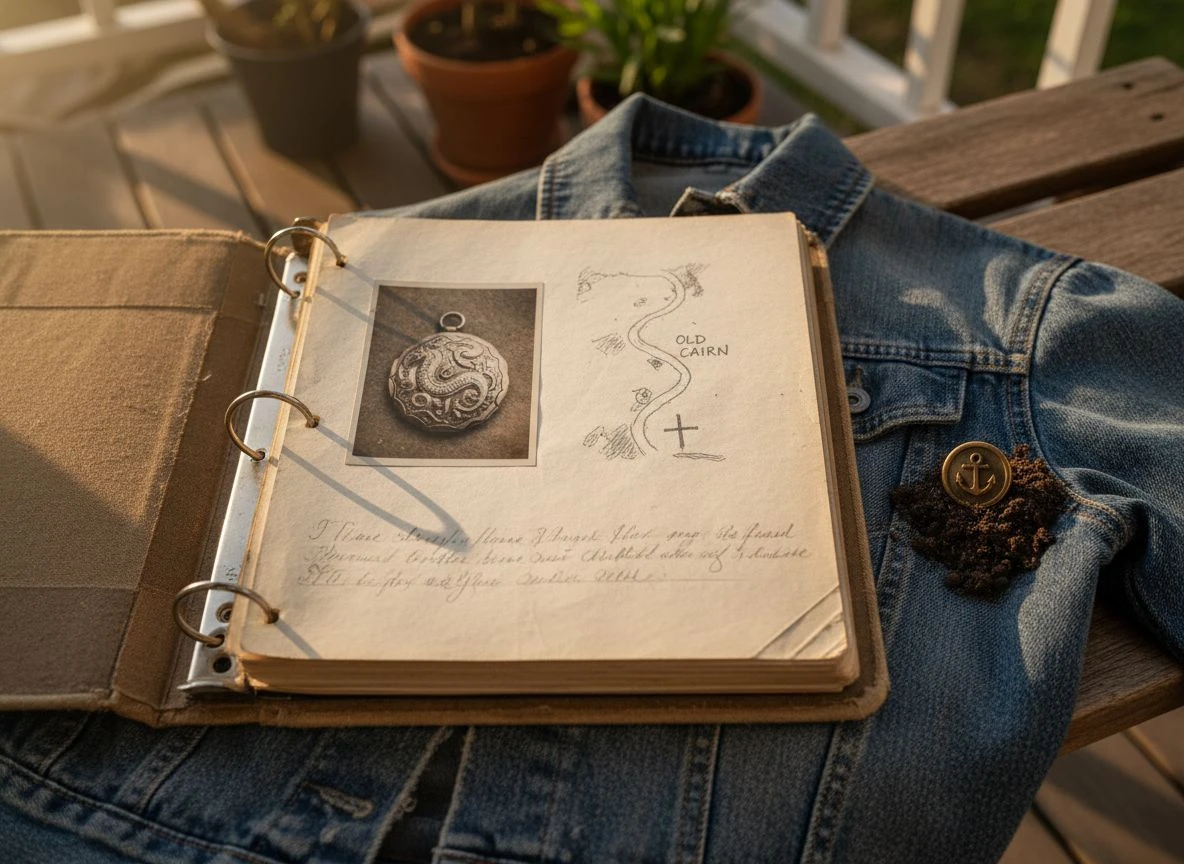 An open binder with photos, maps, and notes documenting a find's story, next to the actual relic.