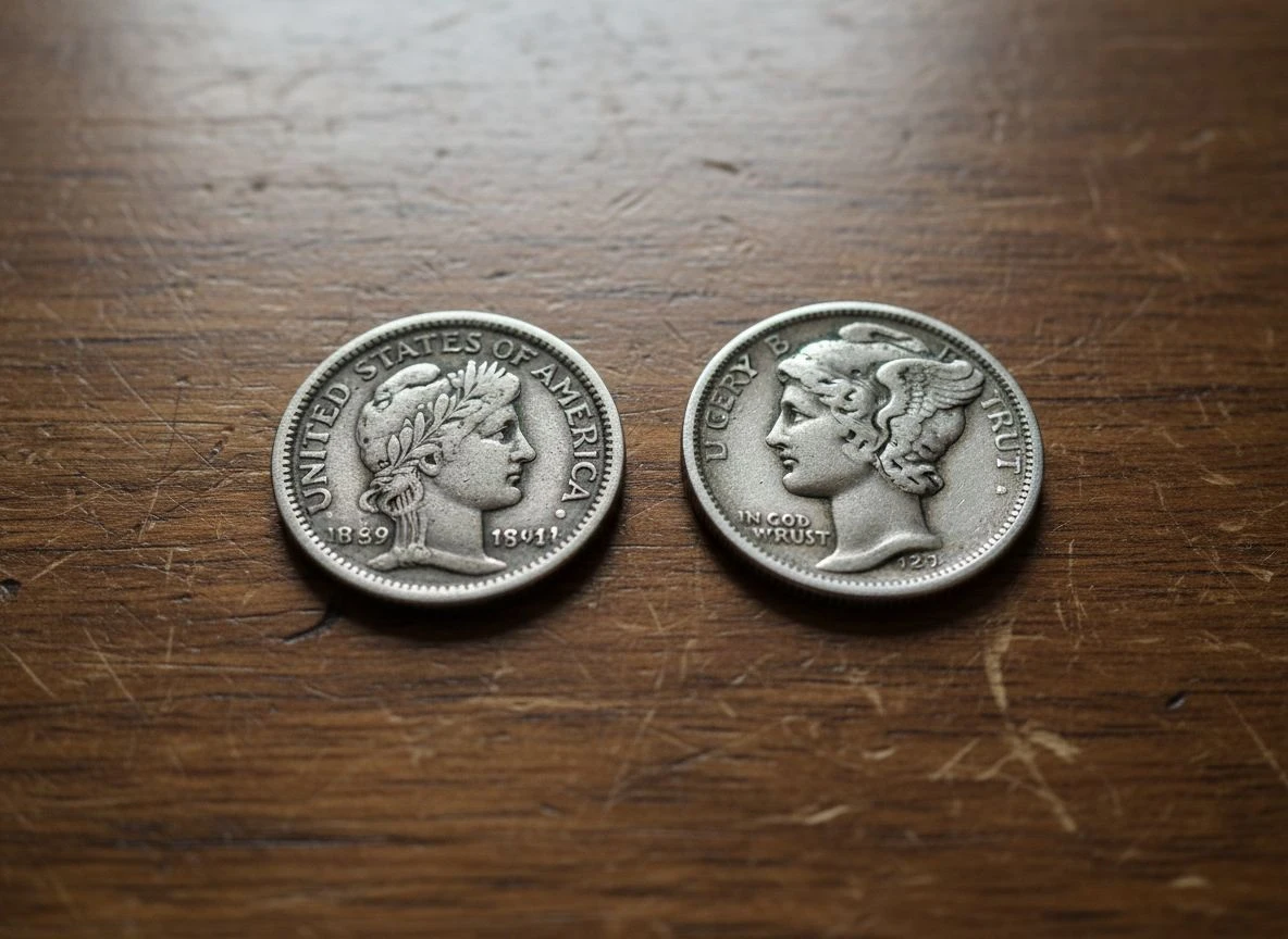 Side-by-side comparison of a worn Barber dime and a worn Mercury dime on a weathered wood surface.