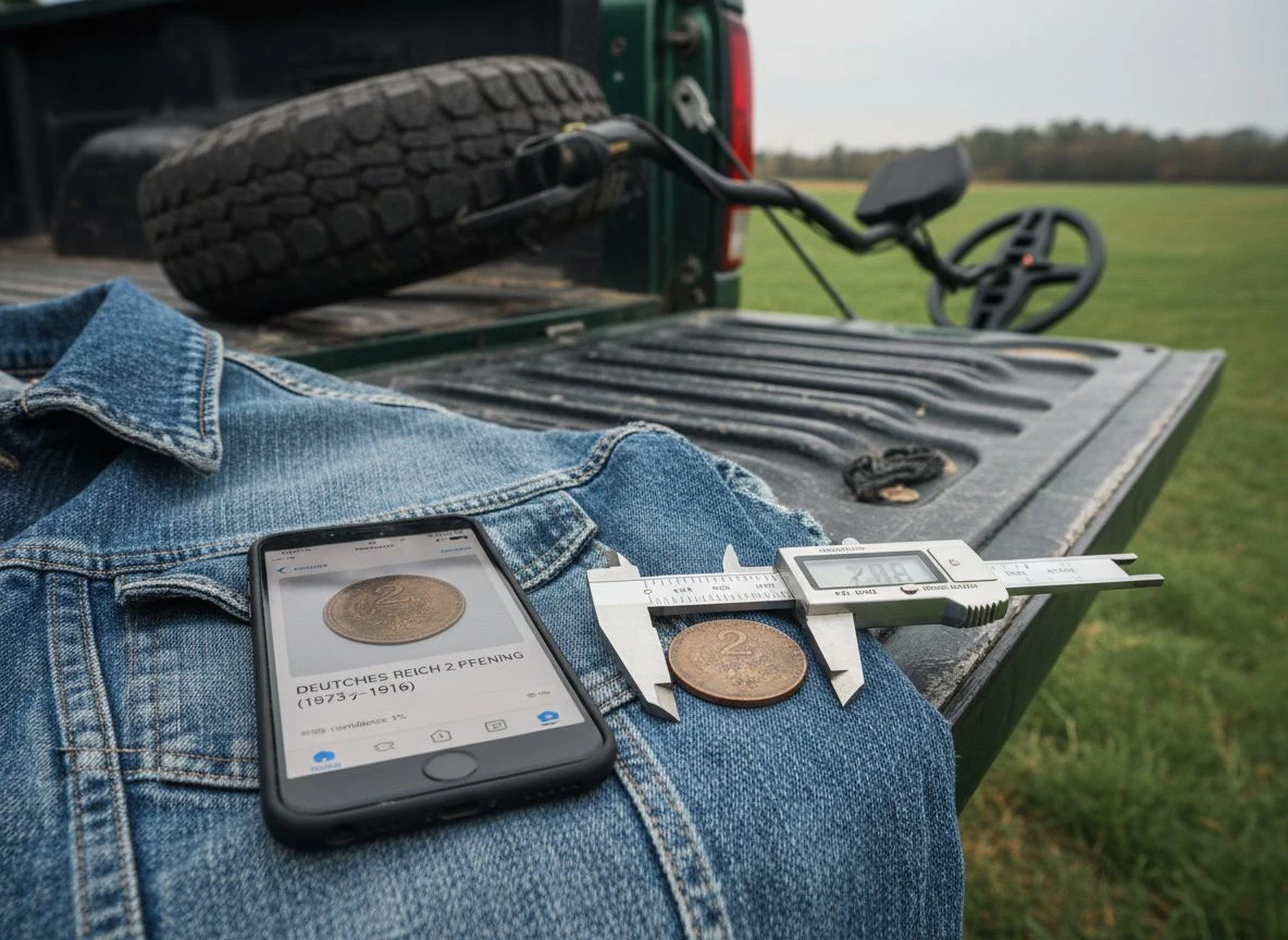 A smartphone with a coin ID app open next to a dirty coin and calipers on a truck tailgate.