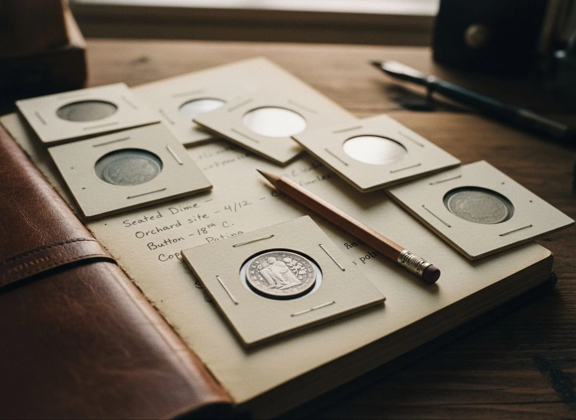Archival coin flips containing dateless finds arranged on an open journal with handwritten notes.