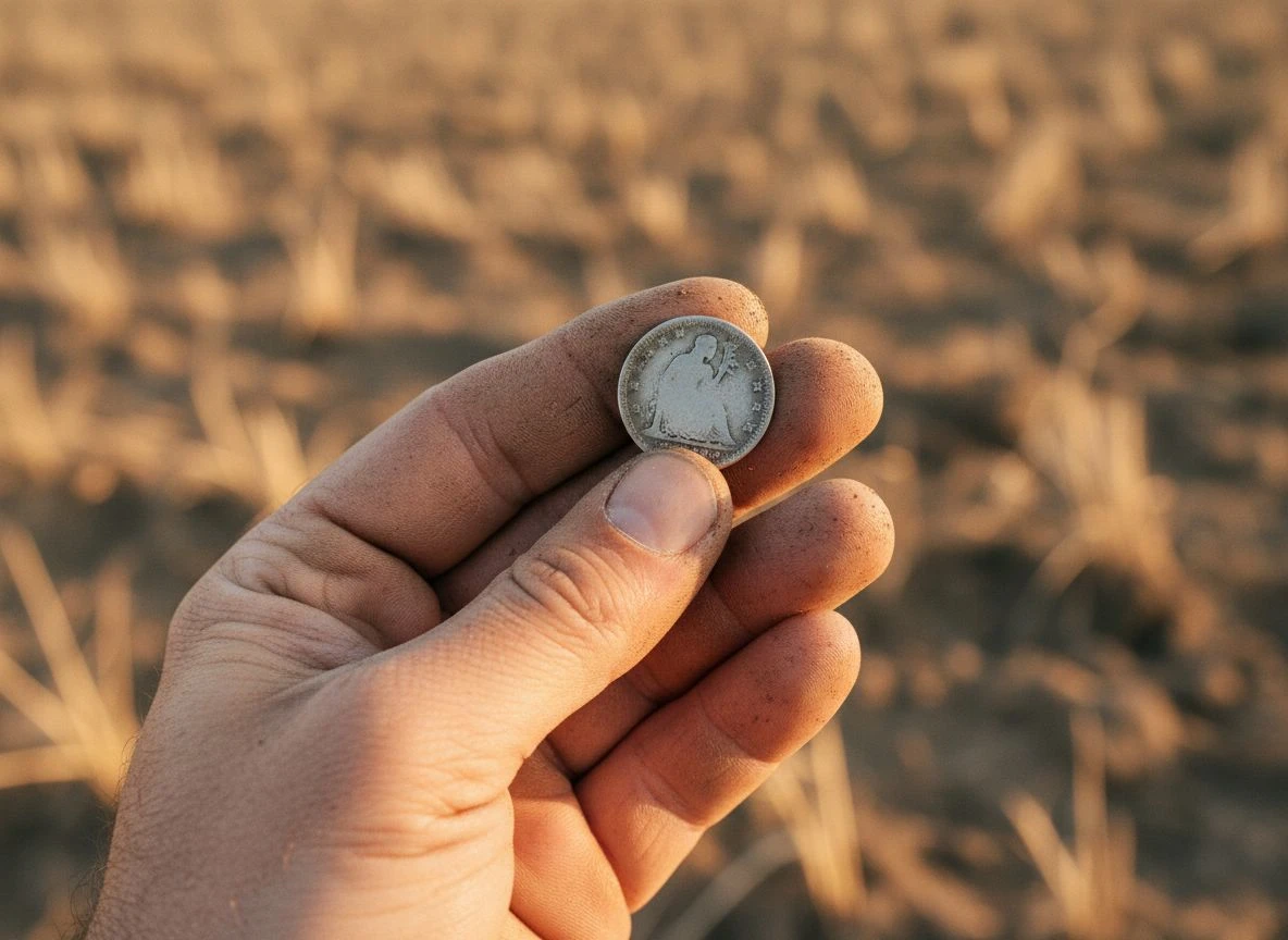Close-up of a detectorist's dirty hand holding a worn, dateless Seated Liberty dime in a field at golden hour.