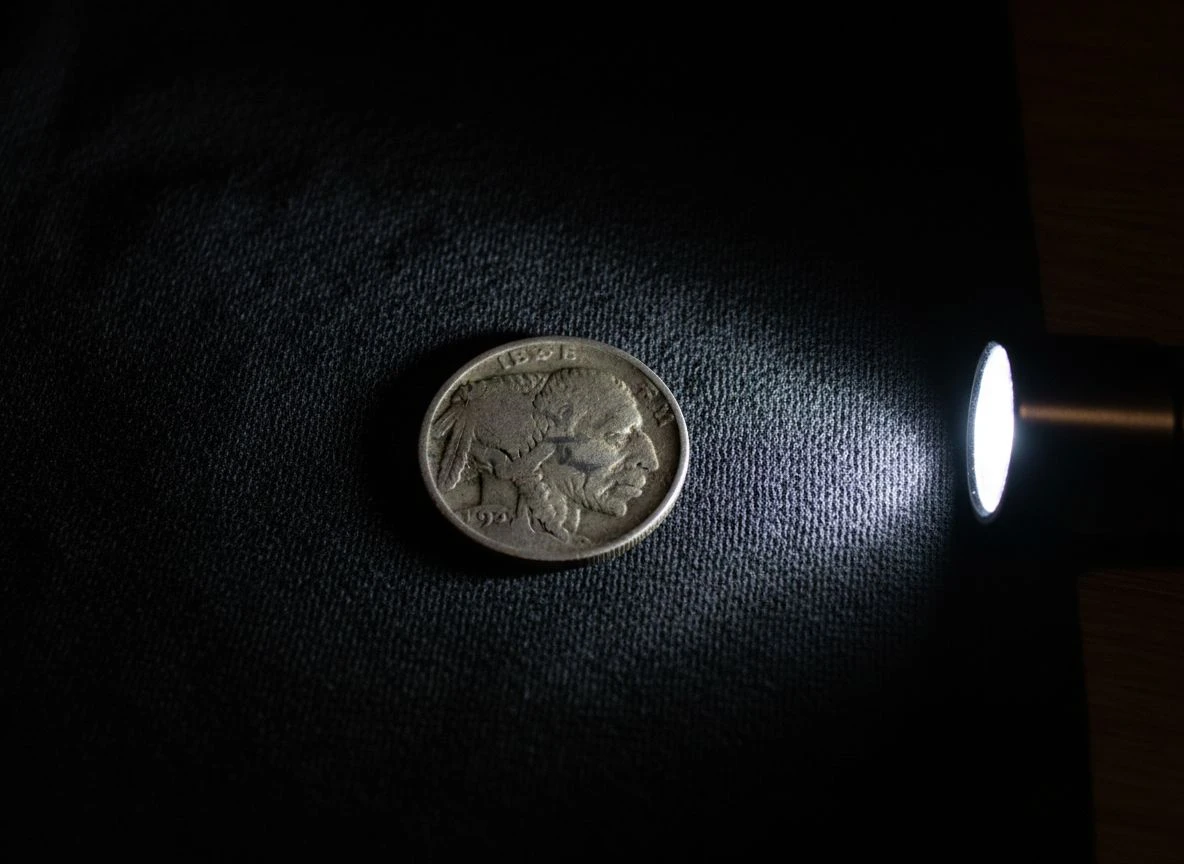 Extreme close-up of a worn Buffalo nickel under oblique LED light, revealing ghostly date numbers in the shadows.