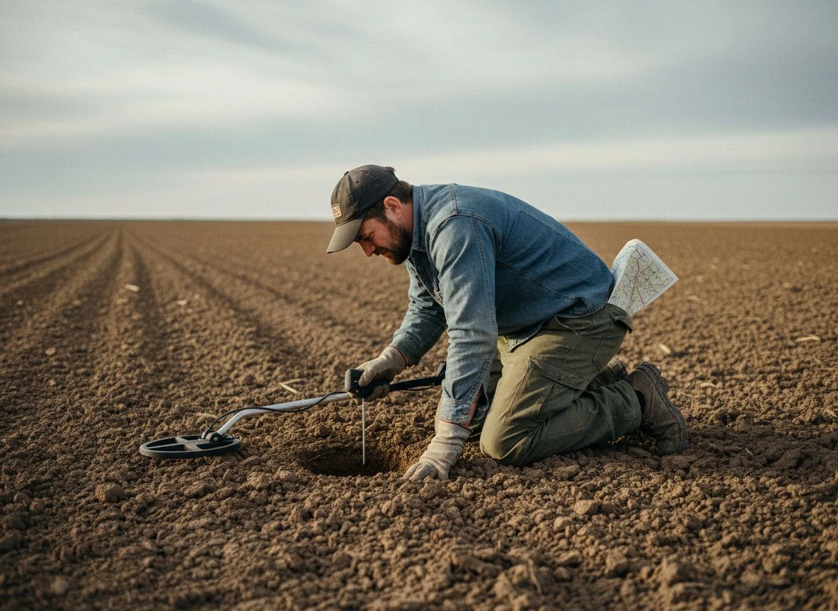 A detectorist kneels in a plowed field, using a pinpointer next to his metal detector.