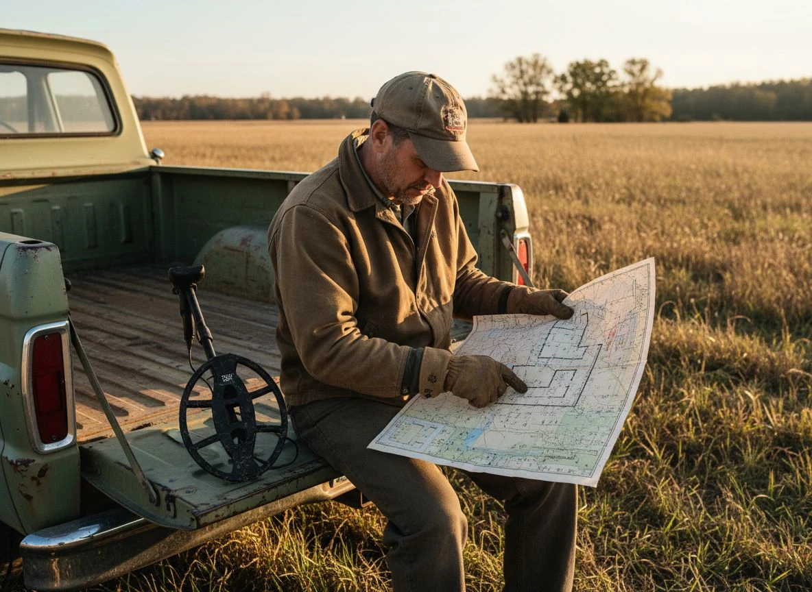 A detectorist studies a large Sanborn fire insurance map on the tailgate of a truck in a field at golden hour.