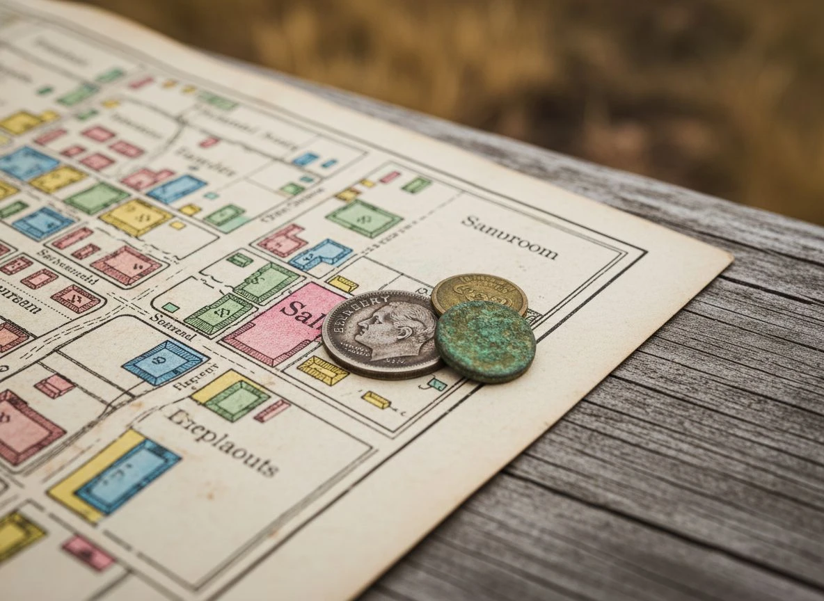 Close-up of a Barber dime and relics placed on an old Sanborn map over a saloon symbol.