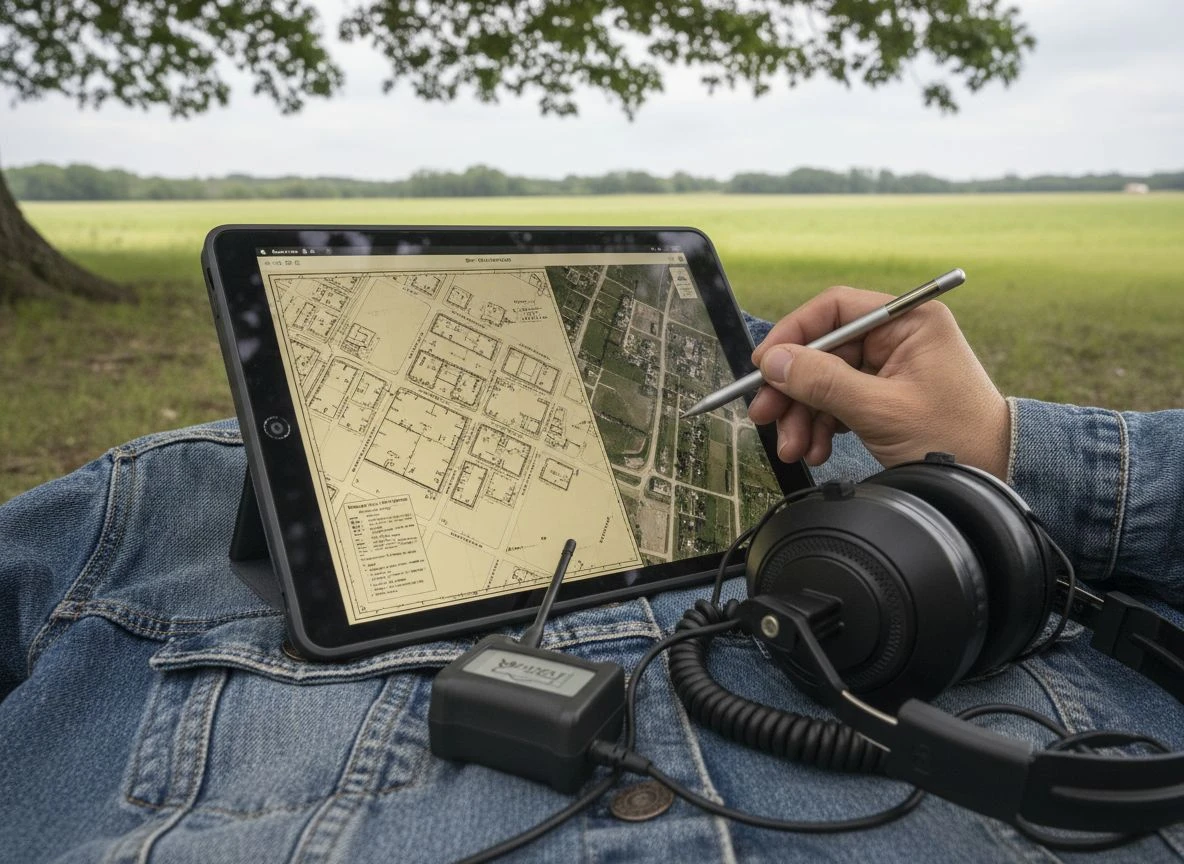 A tablet shows a historical map overlaid on a satellite view, with a GPS and detector gear nearby.