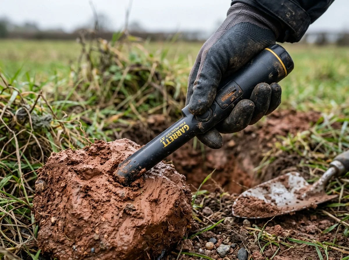 Gloved hand detuning a pinpointer pressed into a clod of wet clay soil beside a dig hole
