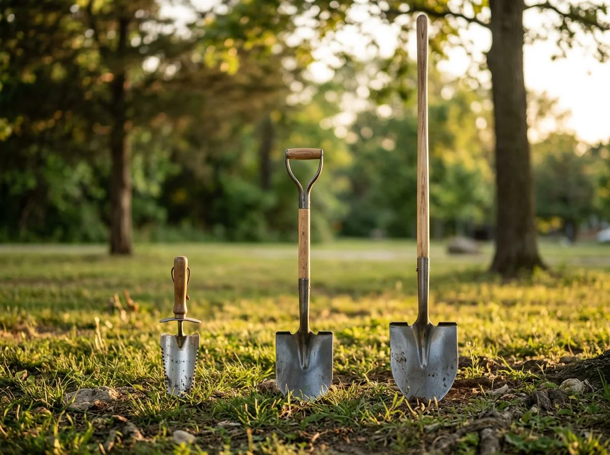 Three metal detecting digging tools of different sizes lined up on grass: a hand digger, a mini shovel, and a full-size shovel.
