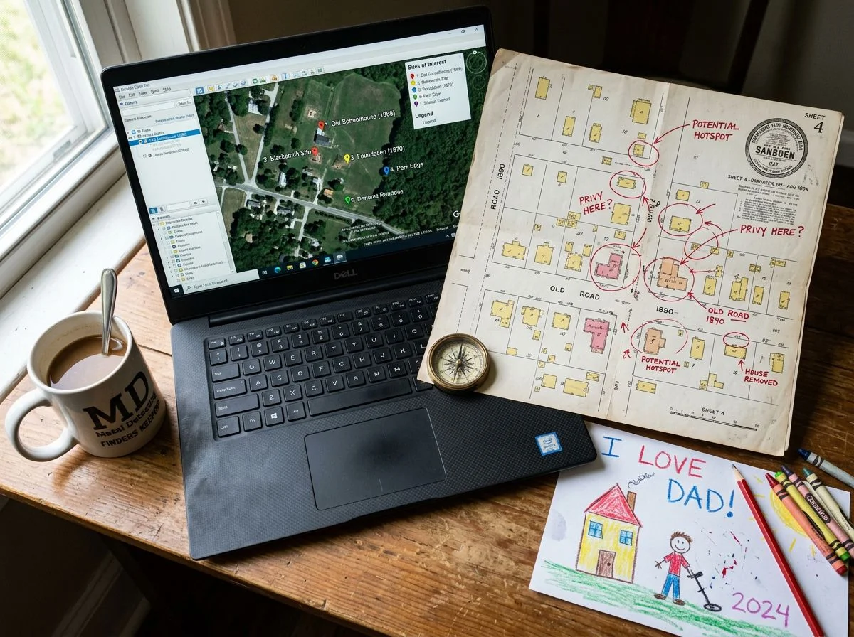 Overhead view of a laptop showing a digital map with pins beside an annotated historical paper map