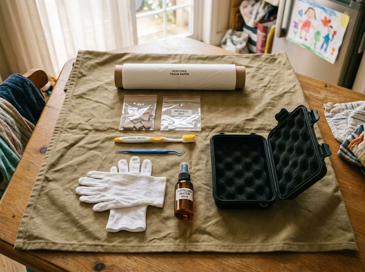 Overhead view of a DIY relic protection kit arranged on canvas with bags, tissue paper, tools, and gloves.